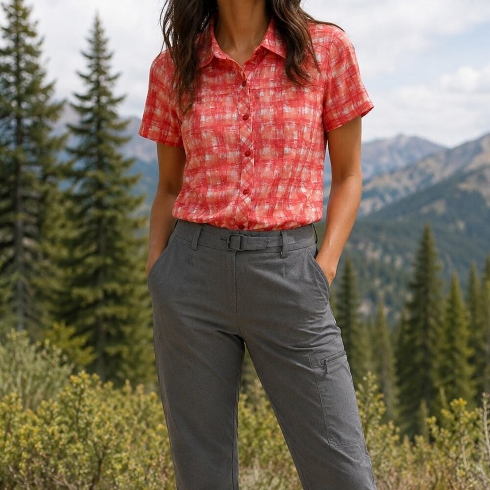 REI Women's Short Sleeve Hiking Shirt Coral Plaid Vented Button Up Size Small